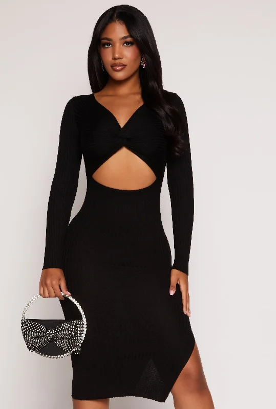 Twist Front Cut Out Side Slit Midi Dress