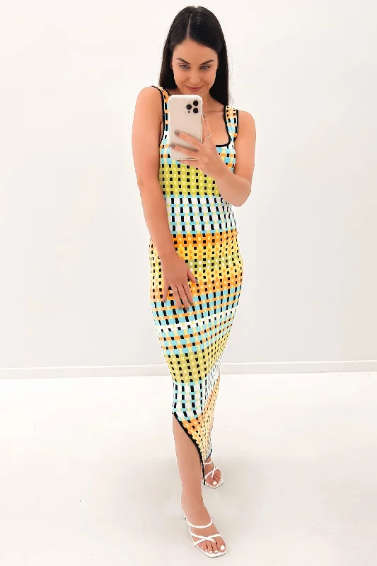 Eve Grid Scoop Back Midi Dress Green Multi