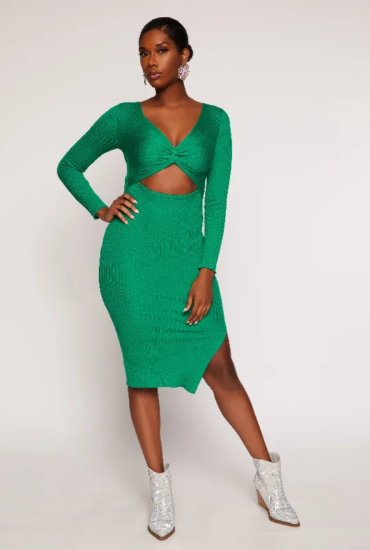 Twist Front Cut Out Side Slit Midi Dress