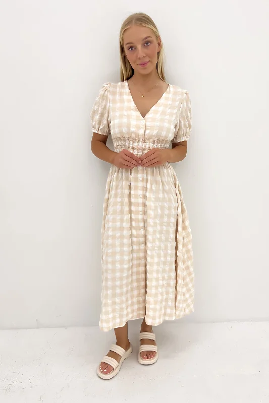 Hadley Midi Dress Latte Gingham