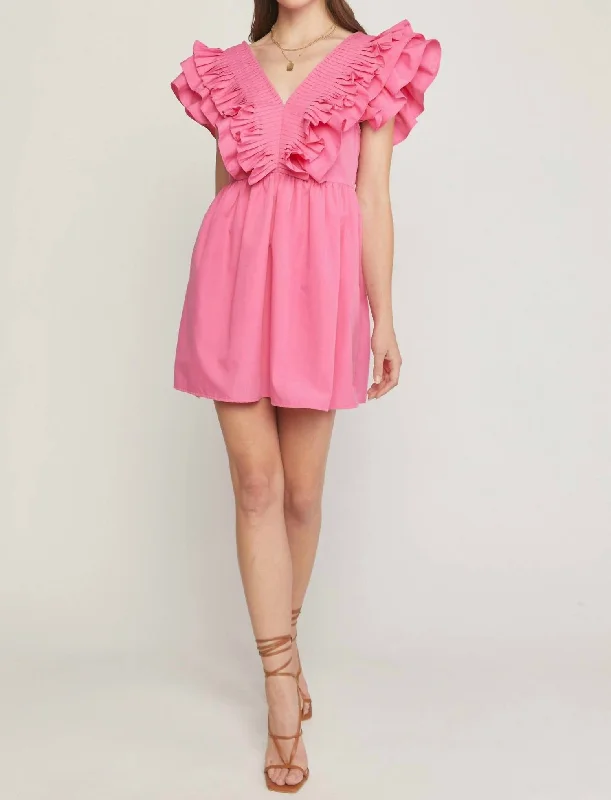 Kristen V-Neck Ruffle Sleeve Mini Dress In Pink