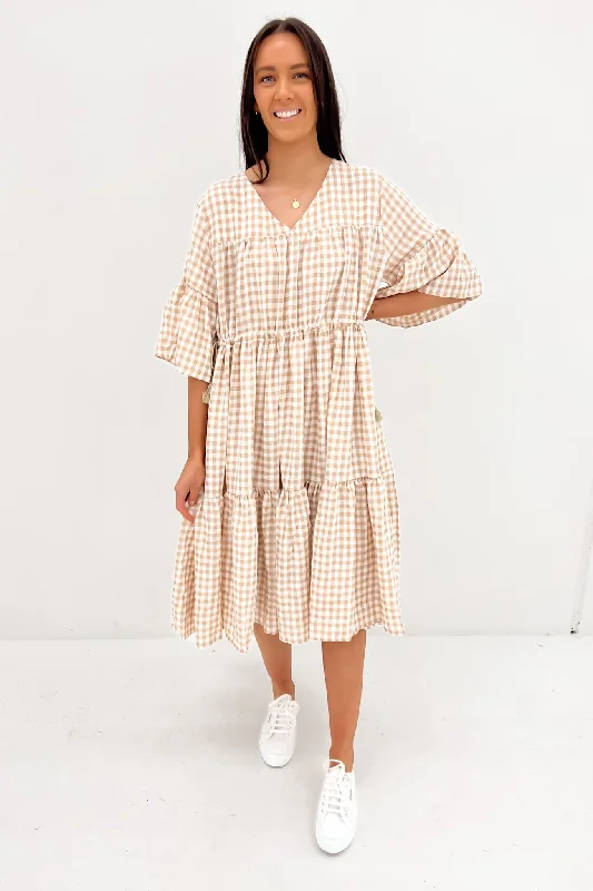 Maceline Midi Dress Beige Gingham