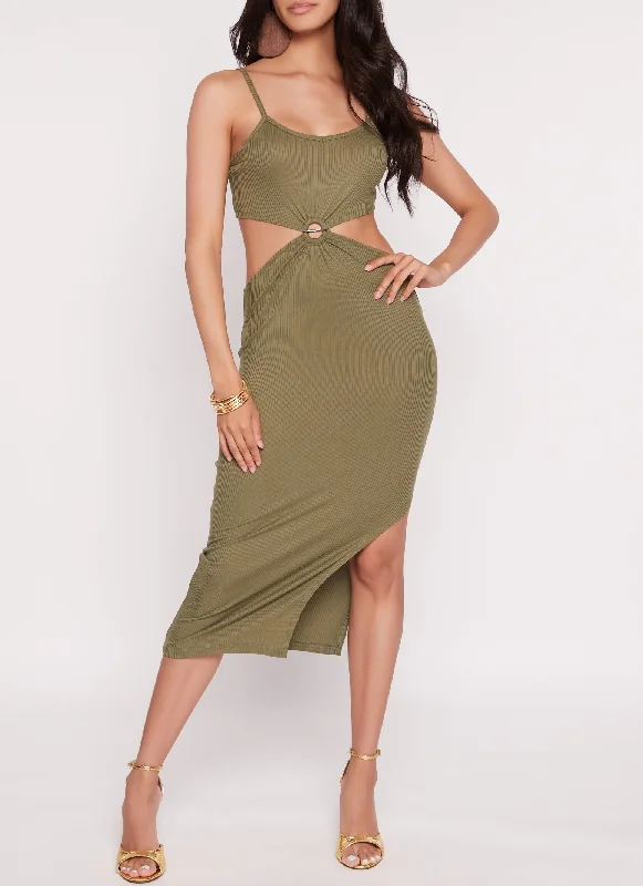 Ribbed Knit Cut Out Midi Dress