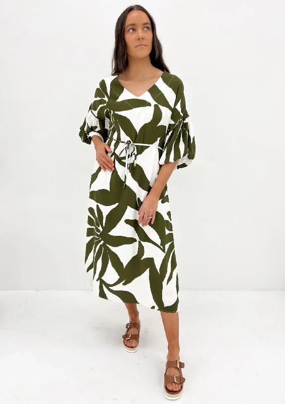 Shira Midi Dress Khaki White