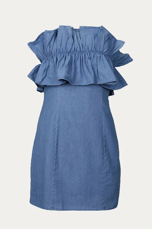 Strapless Ruffled Denim Mini Dress In Blue