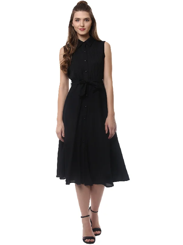 Women's Black Polyester Midi Dress - StyleStone