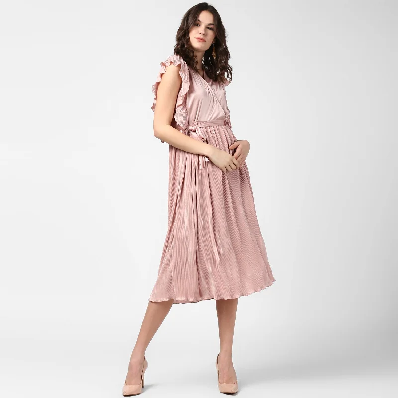 Women's pink Satin Pleating Evening Midi Dress - StyleStone