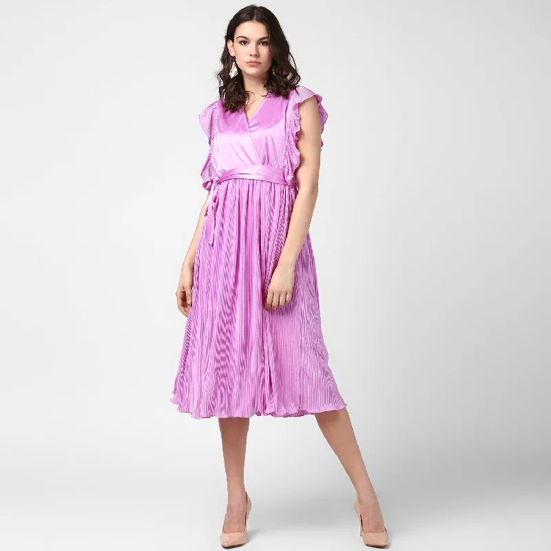 Women's Lavender Satin Pleating Evening Midi Dress - StyleStone