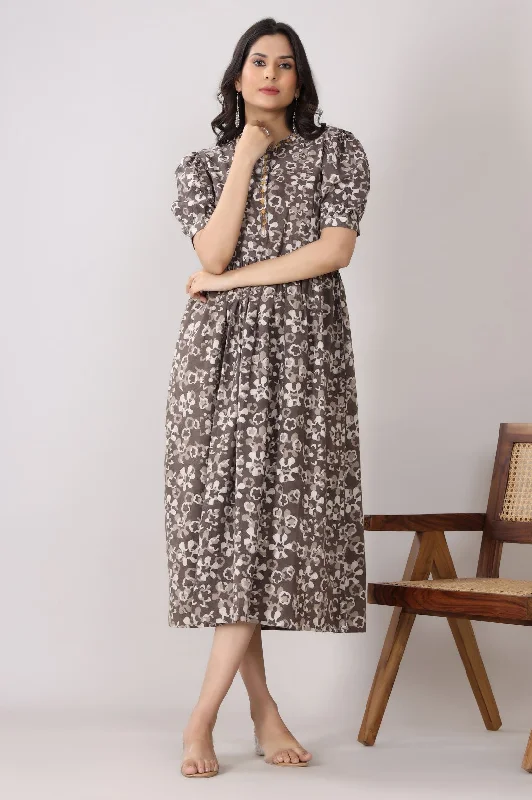 Women's Floral Print Puff Sleeve A-Line Midi Dress(Kashish) - Vasvi