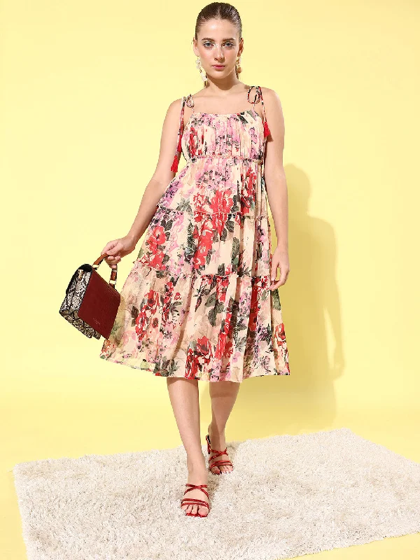 Women's Floral Tier Midi Dress with String Tie Ups- Multi - StyleStone