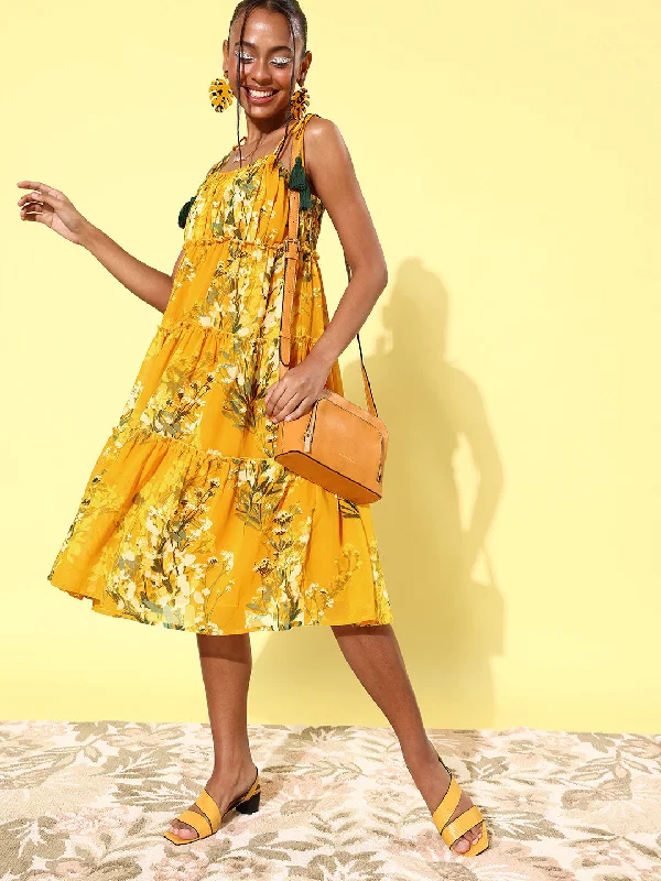 Women's Floral Tier Midi Dress with String Tie Ups- Yellow - StyleStone