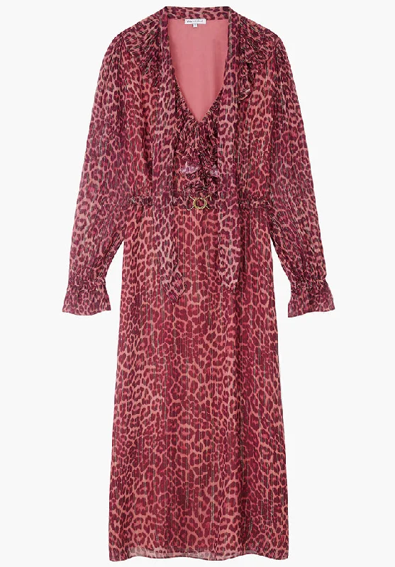 Margot Ruffle Neck Leopard Print Maxi Dress In Burgundy