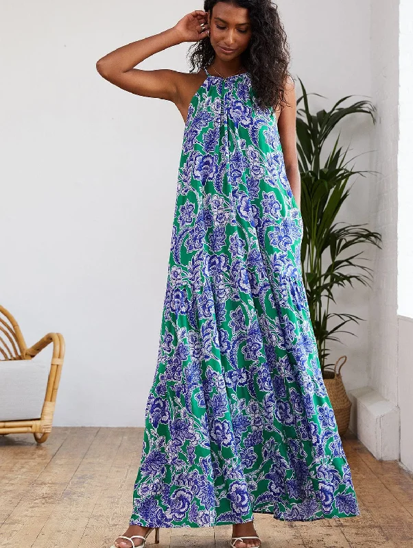 Everly Positano Print LENZING™ ECOVERO™ Halterneck Maxi Dress | Green & Blue