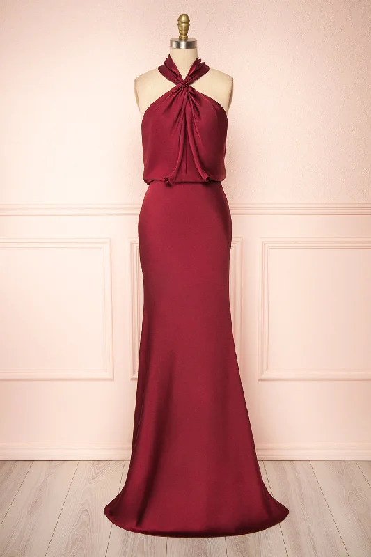 Jinny Burgundy | Satin Halter Maxi Dress