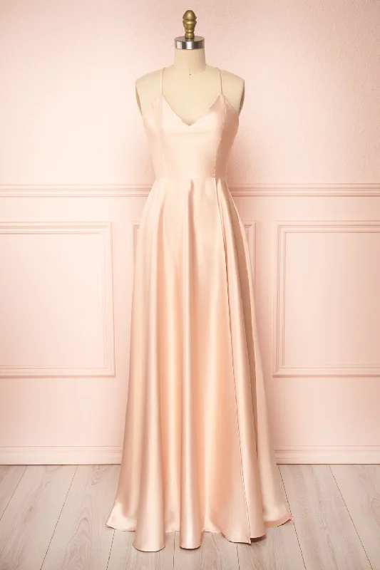 Julia Blush | Satin Maxi Dress w/ High Slit