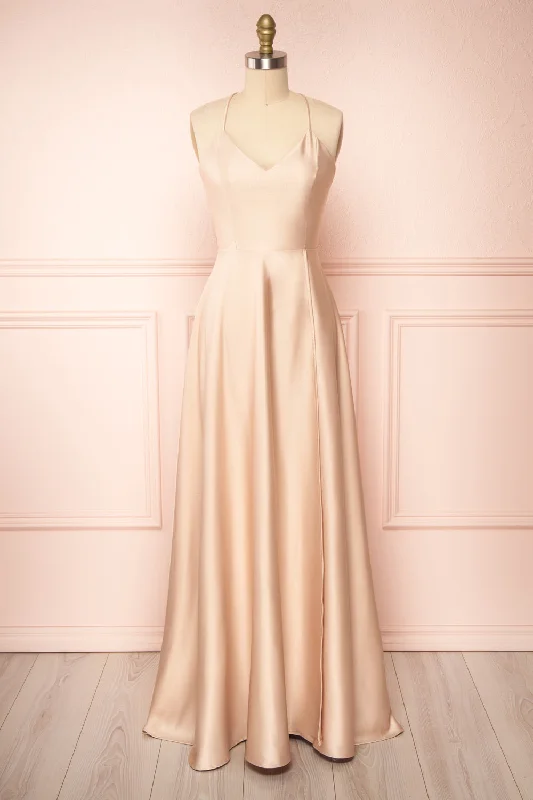 Julia Champagne | Satin Maxi Dress w/ High Slit