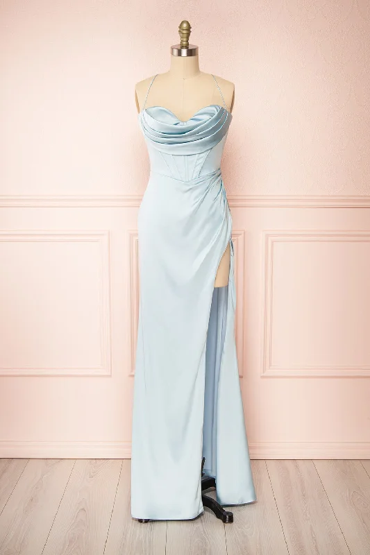 Kesha Blue | Corset Cowl Neck Maxi Dress