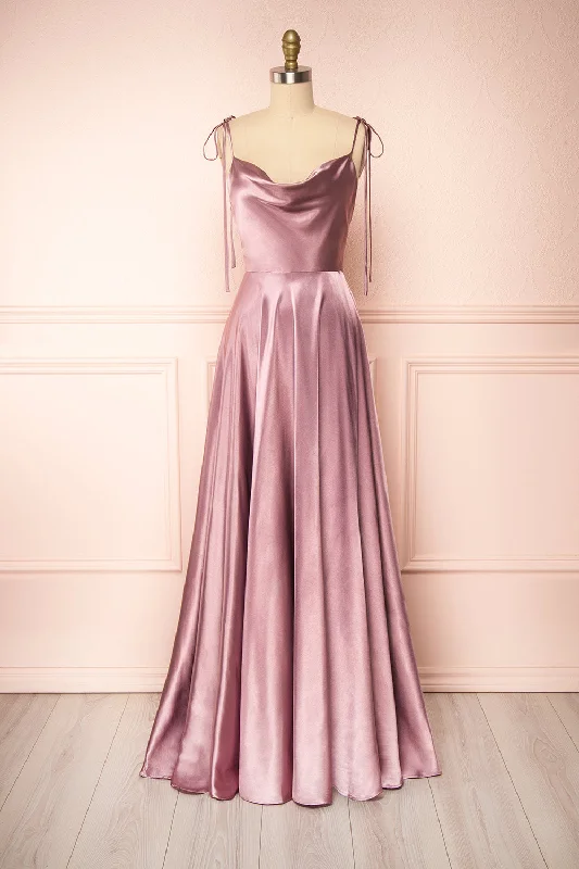 Moira Mauve | Cowl Neck Satin Maxi Dress w/ High Slit