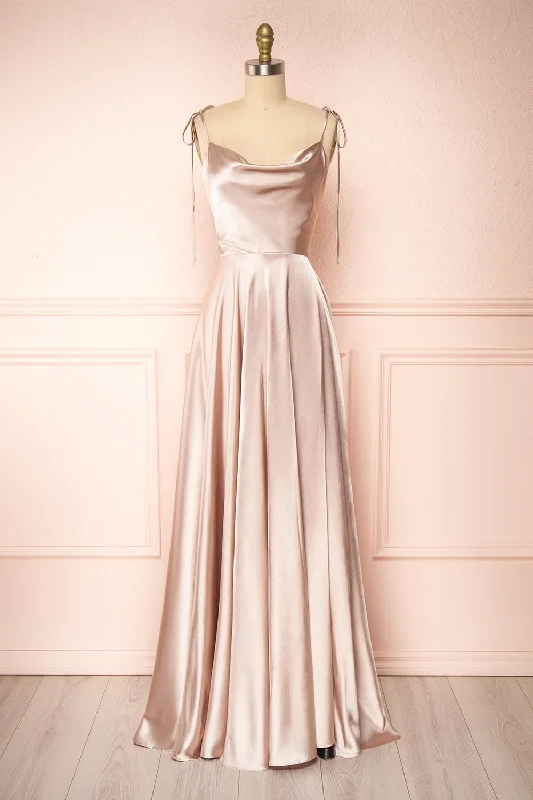 Moira Sand | Cowl Neck Satin Maxi Dress w/ High Slit