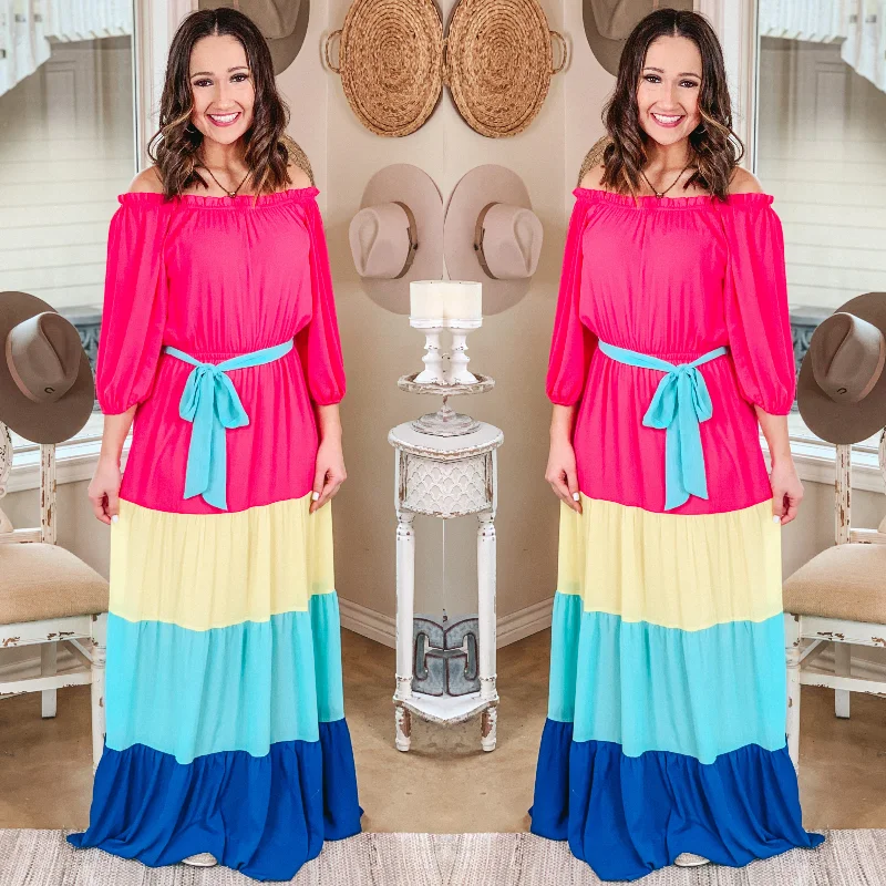 Soul of Sunshine Off the Shoulder Color Block Maxi Dress in Pink, Yellow, and Blue