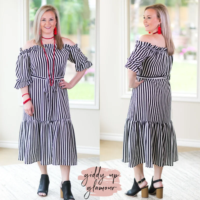 Jailhouse Rock Off The Shoulder Striped Midi Maxi Dress in Black