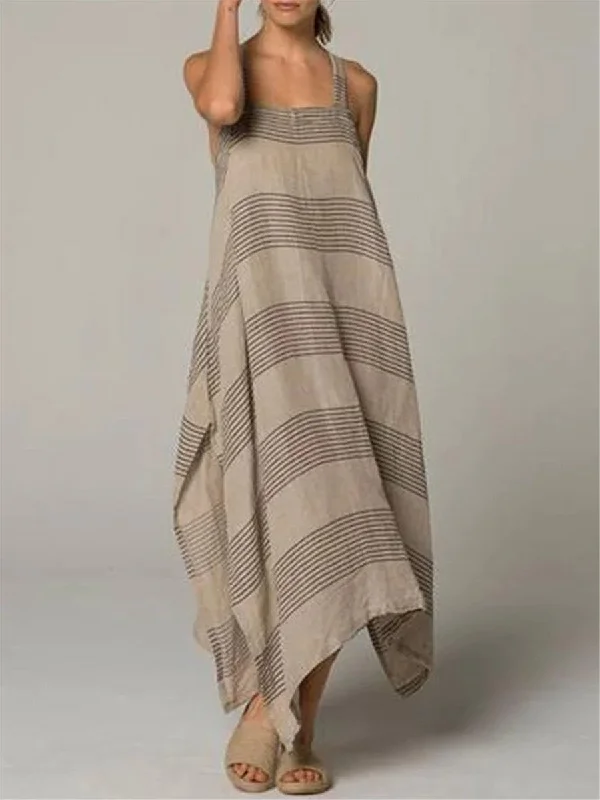 Striped Print Hanging Band Loose Maxi Dresses