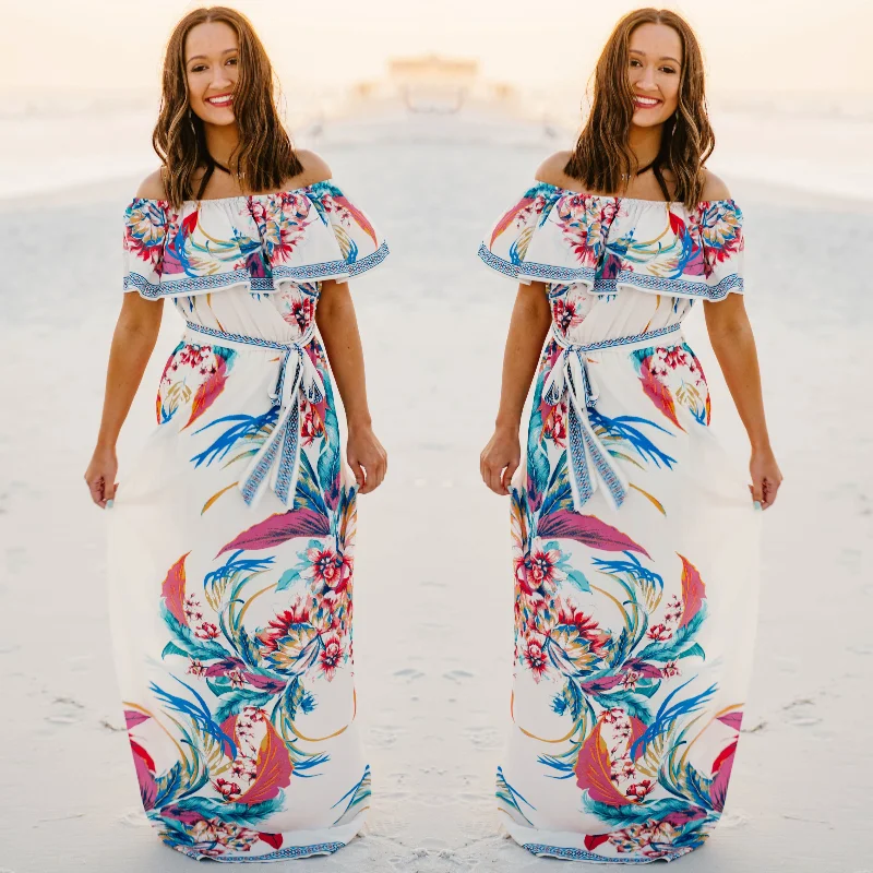 Last Chance Size Small | Bahama Breeze Off The Shoulder Ruffle Floral Maxi Dress in Ivory | ONLY 1 LEFT!