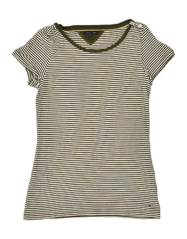 TOMMY HILFIGER Womens T-Shirt Top UK 14 Large Green Striped Cotton