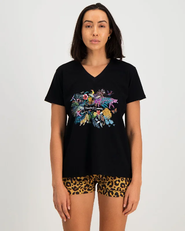 Womens T-Shirt V-Neck Black Jungle