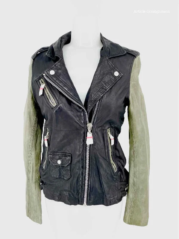 DOMA Size S Black/Green Moto Leather Jacket