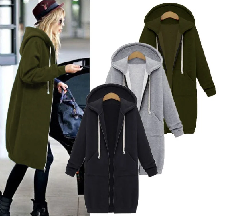 Hooded long-sleeved winter sweater women's jacket in a long thick shirt