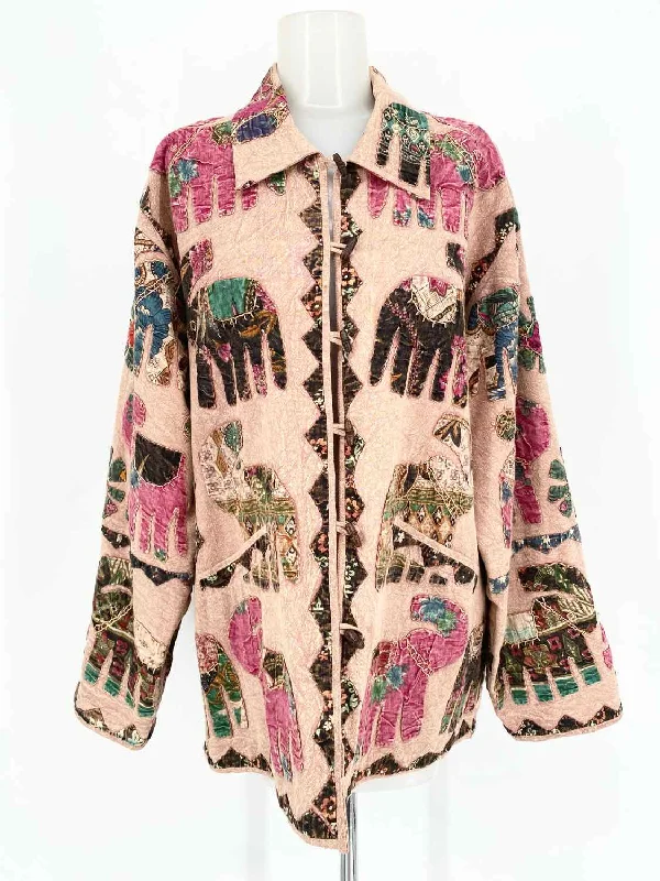 SAM HILU Women's Brown/Pink Button Down Cotton Elephants Size M Jacket