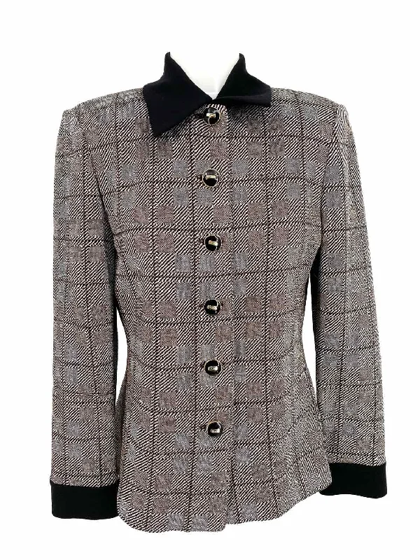 ST. JOHN COLLECTION Womens Silver Button Down Wool Window Pane Size 2 Jacket set