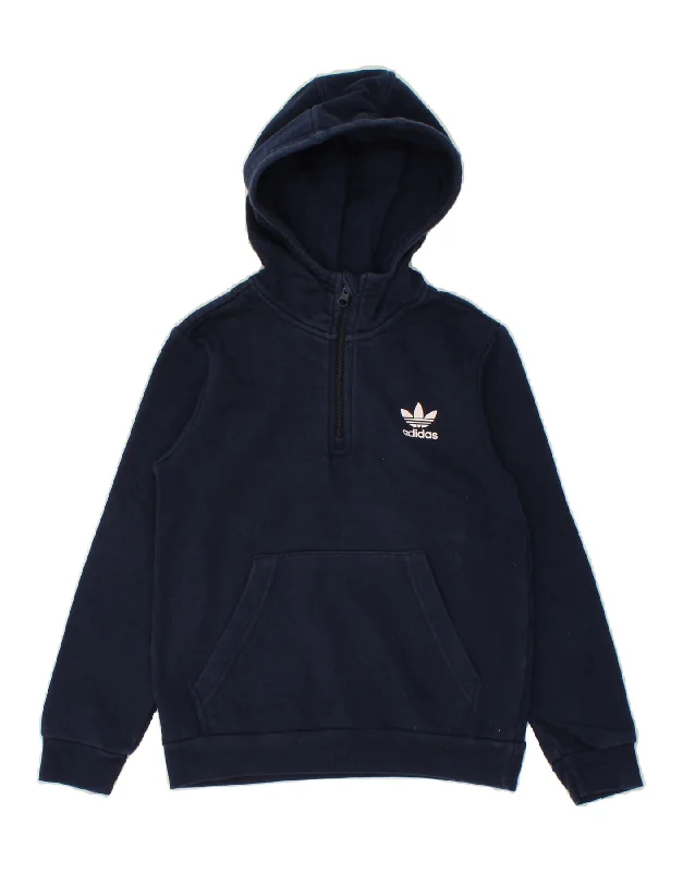 ADIDAS Boys Zip Neck Hoodie Jumper 9-10 Years Navy Blue Cotton