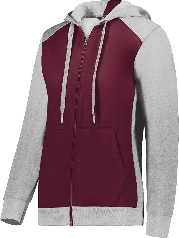 Augusta 6901 Ladies Three-Season Fleece Full Zip Hoodie - Maroon Gray Heather