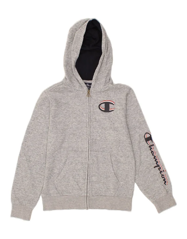 CHAMPION Boys Graphic Zip Hoodie Sweater 7-8 Years Small Grey Flecked