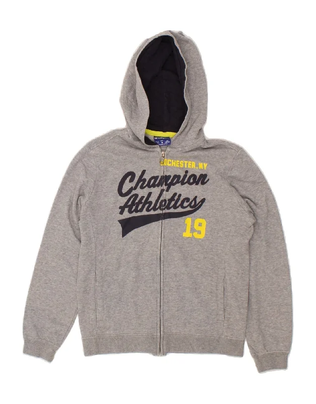 CHAMPION Boys Graphic Zip Hoodie Sweater 9-10 Years Medium  Grey Cotton