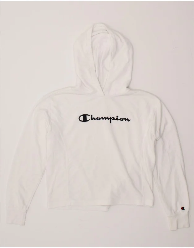 CHAMPION Girls Graphic Crop Hoodie Jumper 15-16 Years 2XL White Cotton