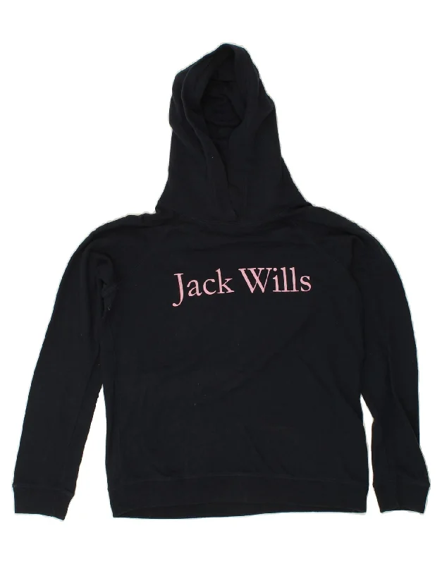 JACK WILLS Womens Graphic Hoodie Jumper UK 12 Medium  Navy Blue Cotton