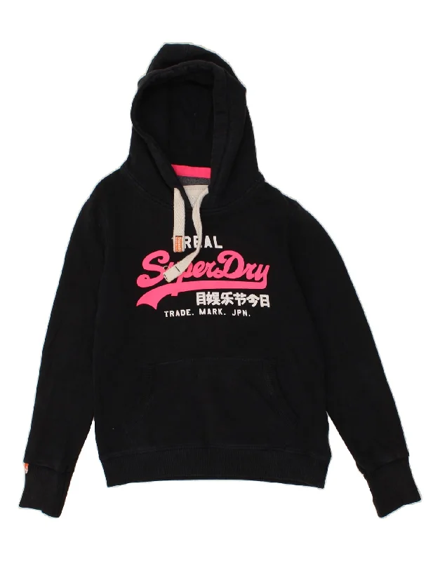 SUPERDRY Womens Graphic Hoodie Jumper UK 14 Medium Black Cotton