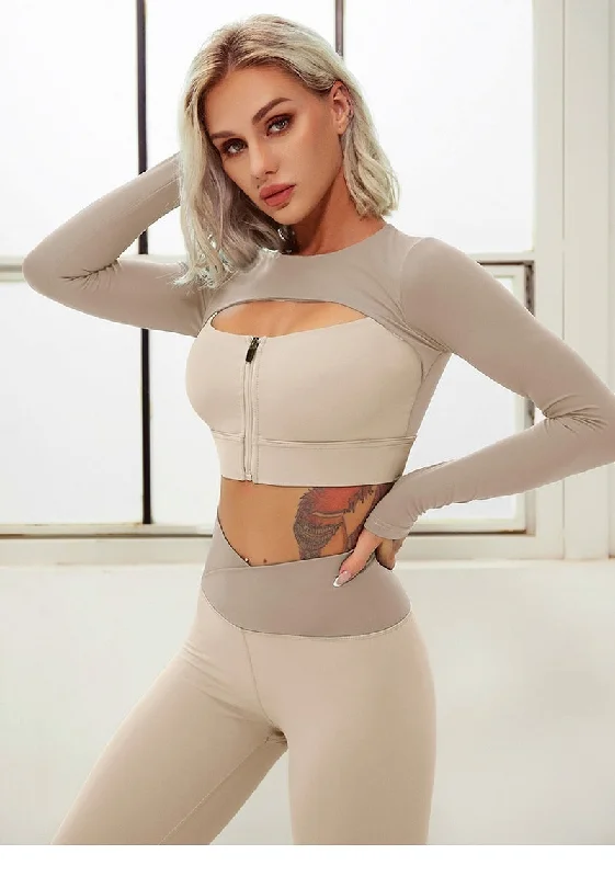 React PREMIUM Seamless Full Sleeve Sports Crop Legging Set - Cream