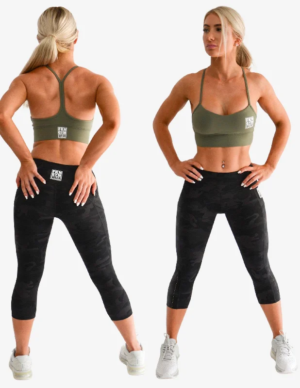 Workout Set | Super Khaki Crop & 7/8 Camo Black Leggings