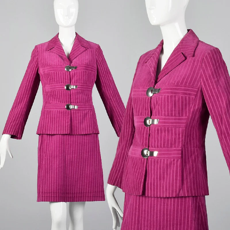 1960s Pink Corduroy Skirt Suit with Mod Silver Clasp Closures