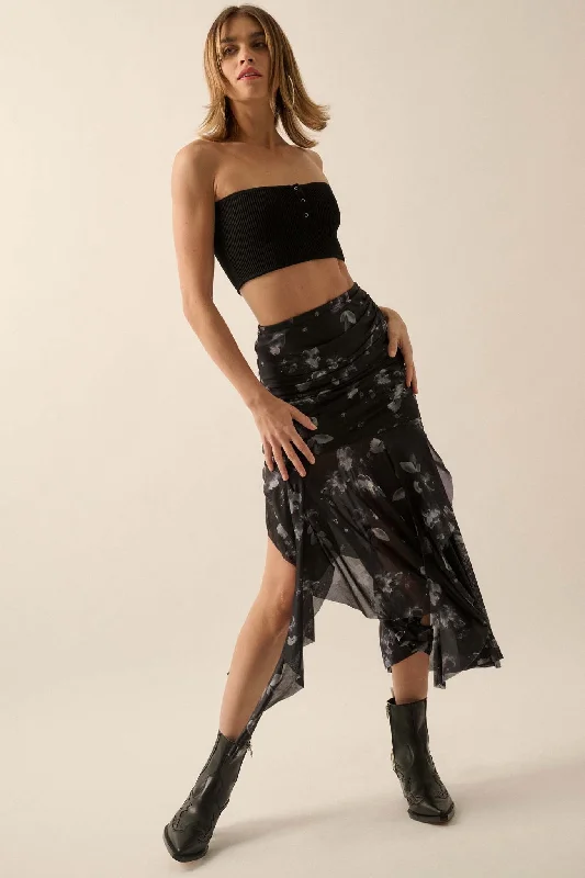 Blooming Shadows Floral Mesh Drop-Waist Midi Skirt