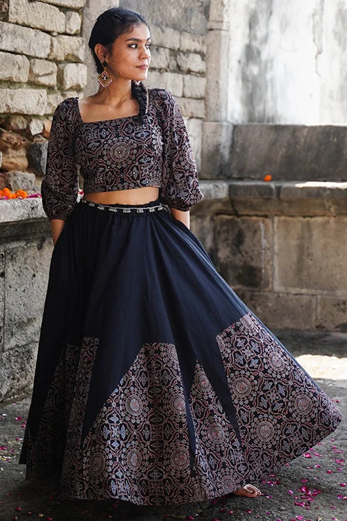 Okhai "Anjali" Black Ajrakh Pure Cotton Free Size Skirt