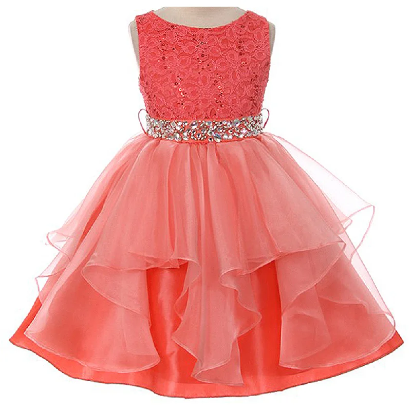 SEQUINED LACE BODICE WITH ASYMMETRIC TULLE SKIRT AND RHINESTONES SASH