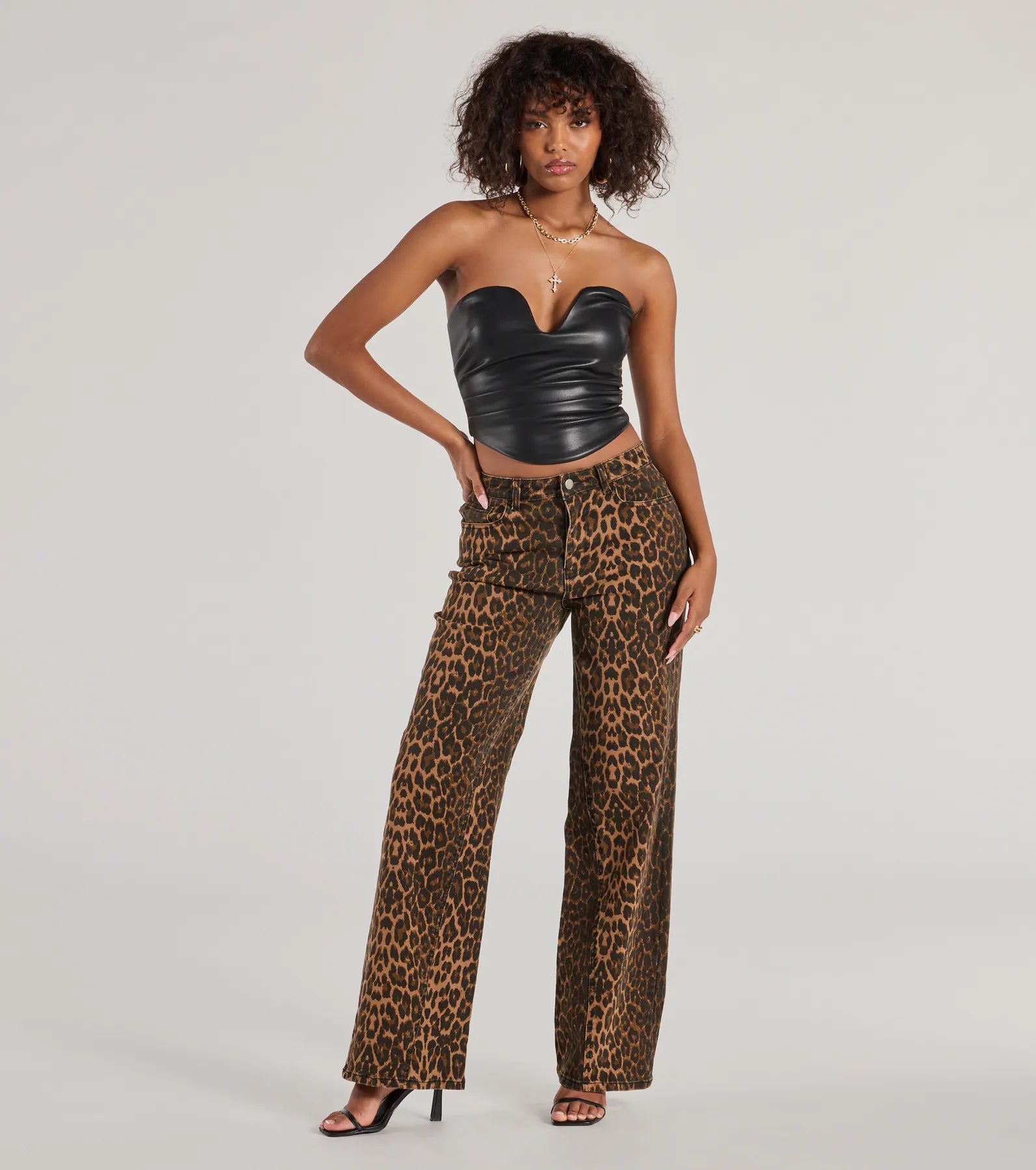 Fierce Aura Wide Leg Leopard Print Denim Jeans