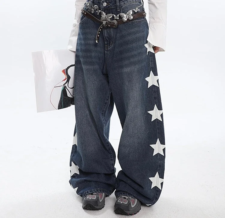 Cherry Vintage Star Wide Straight Leg High Waist Blue Denim Jeans Pants