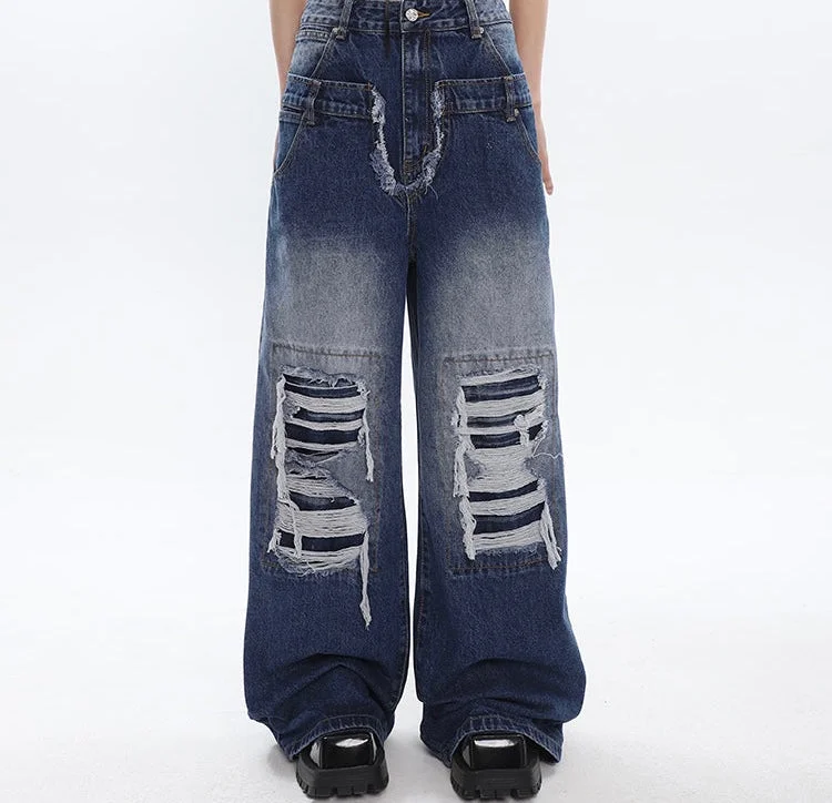 Jade Patchwork Washed Faded High Waist Ripped Straight Leg Denim Jeans Pants