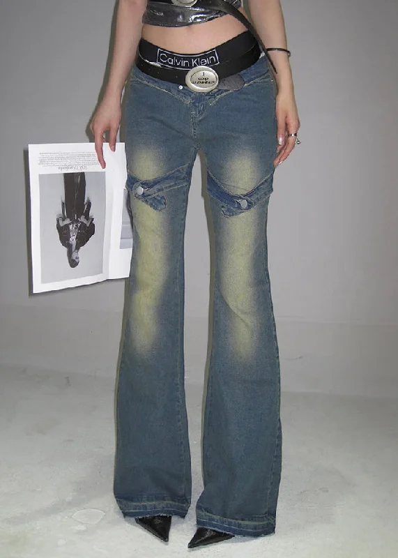 Jean Washed Denim Blue High Waist Micro Flare Multi Leg Belt Strap Jeans Pants